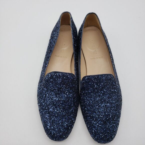 J.Crew Loafer Shoes Women US 7.5 Blue Glitter Leath Made in Italy Glam Holiday - Picture 2 of 12